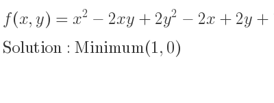 The f(x,y)=x^2-2xy+2y^2-2x+2y+1 is Minimum(1,0)